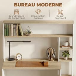 Computerbureau, 114 x 45 x 138 cm, bureau met opbergruimte, open planken en pc-houder, wit en naturel hout — thumbnail 5
