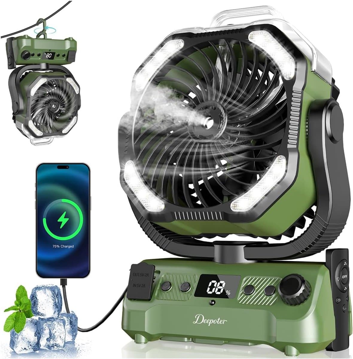 Camping Ventilator 20000 mAh – Mistfunctie – LED-lamp – Afstandsbediening – 270° Draaibaar Groen — afbeelding 1