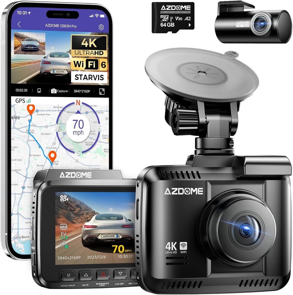 Dashcam Auto Voor en Achter - 4K UHD - GPS - WiFi 6 - Nachtzicht - Parkeerbewaking — afbeelding 1