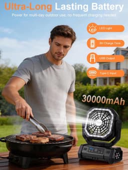Campingventilator met LED Lantaarn 30000 mAh - Oplaadbare Tentventilator met Licht, Haak en USB - Desktopventilator voor Kamperen en Vissen - Zwart — thumbnail 3