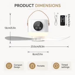 LISM-Camping plafondventilator met verlichting, tent plafondventilator, afstandsbediening, mini plafondventilator, tent plafondventilator, plafondventilator met verlichting, oplaadbare campingventilator - wit — thumbnail 2