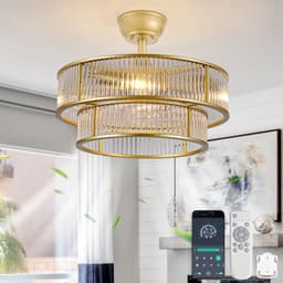 19 inch kristallen plafondventilator met dubbele verticale balk (goud) - App-bediening - 6 snelheidsstanden - Geluidsarm - ABS-bladen - Ideaal voor slaapkamer en kinderkamer — thumbnail 2