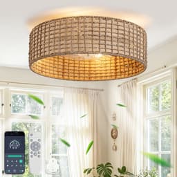 19 inch vierkant rotan plafondventilator met licht - App en afstandsbediening - 6 versnellingen omkeerbaar - ABS bladen - Japanse stijl - Geschikt voor lage plafonds — thumbnail 2