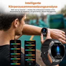 FOSMET Smartwatch Heren en Dames - AI-Gezondheidsanalyse - ECG, PPG, BMI & SpO2 - 1,43 Inch AMOLED - 1000mAh - Hartslagmeter & Bloeddrukmeting - Lichaamstemperatuur - MET-meting - 100+ Sportmodi - Fitnesstracker - 5ATM Waterdicht - 2 Bandjes - Zwart — thumbnail 4