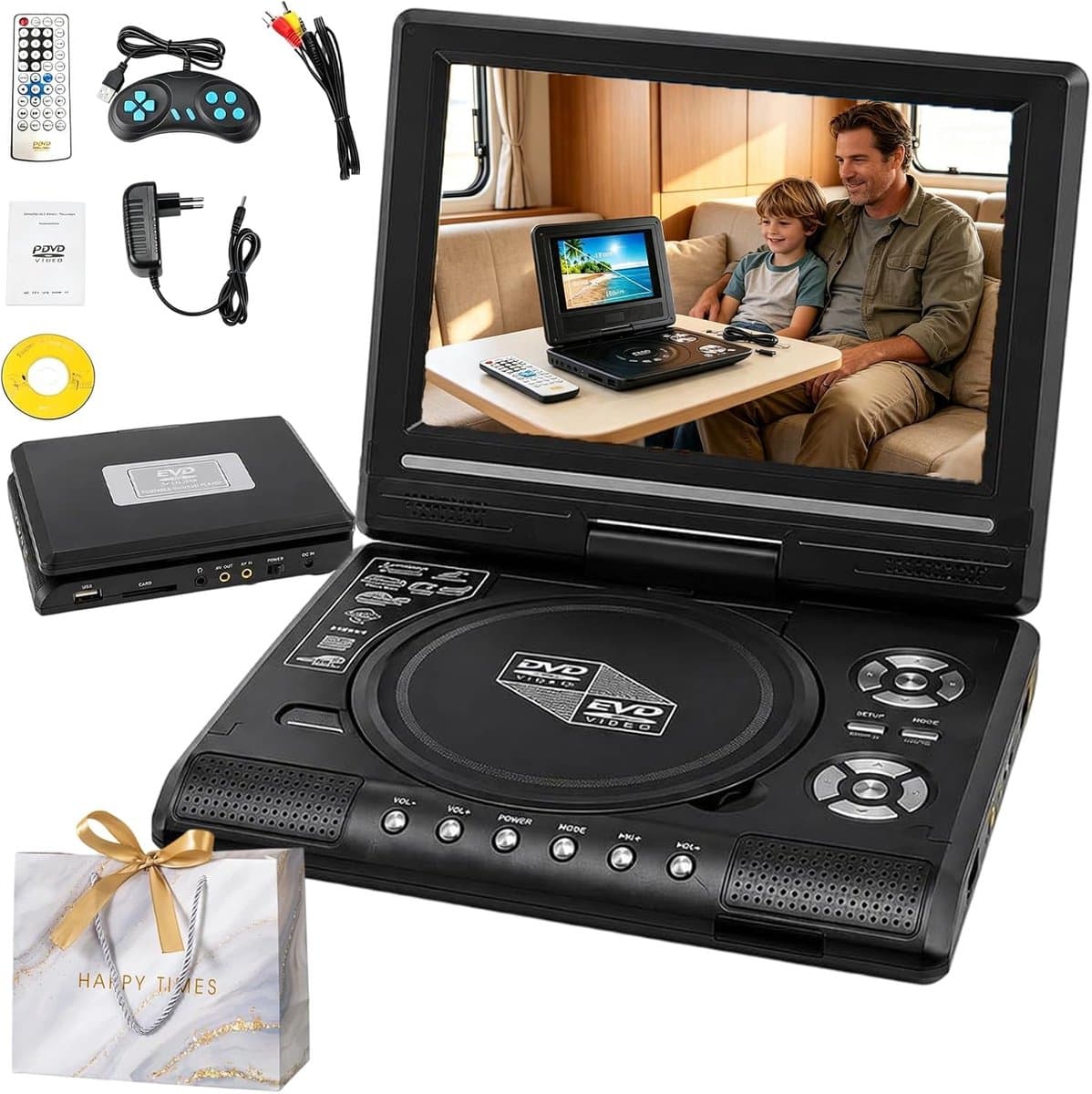 Draagbare DVD-speler 7,8 inch met Draaibaar HD-scherm, Oplaadbaar, 1 Stuk, Dubbele Luidsprekers, AV-uitgang, USB- en SD-kaartondersteuning, Ingebouwde Batterij, voor Auto, Reizen, Camping en Camper — afbeelding 1
