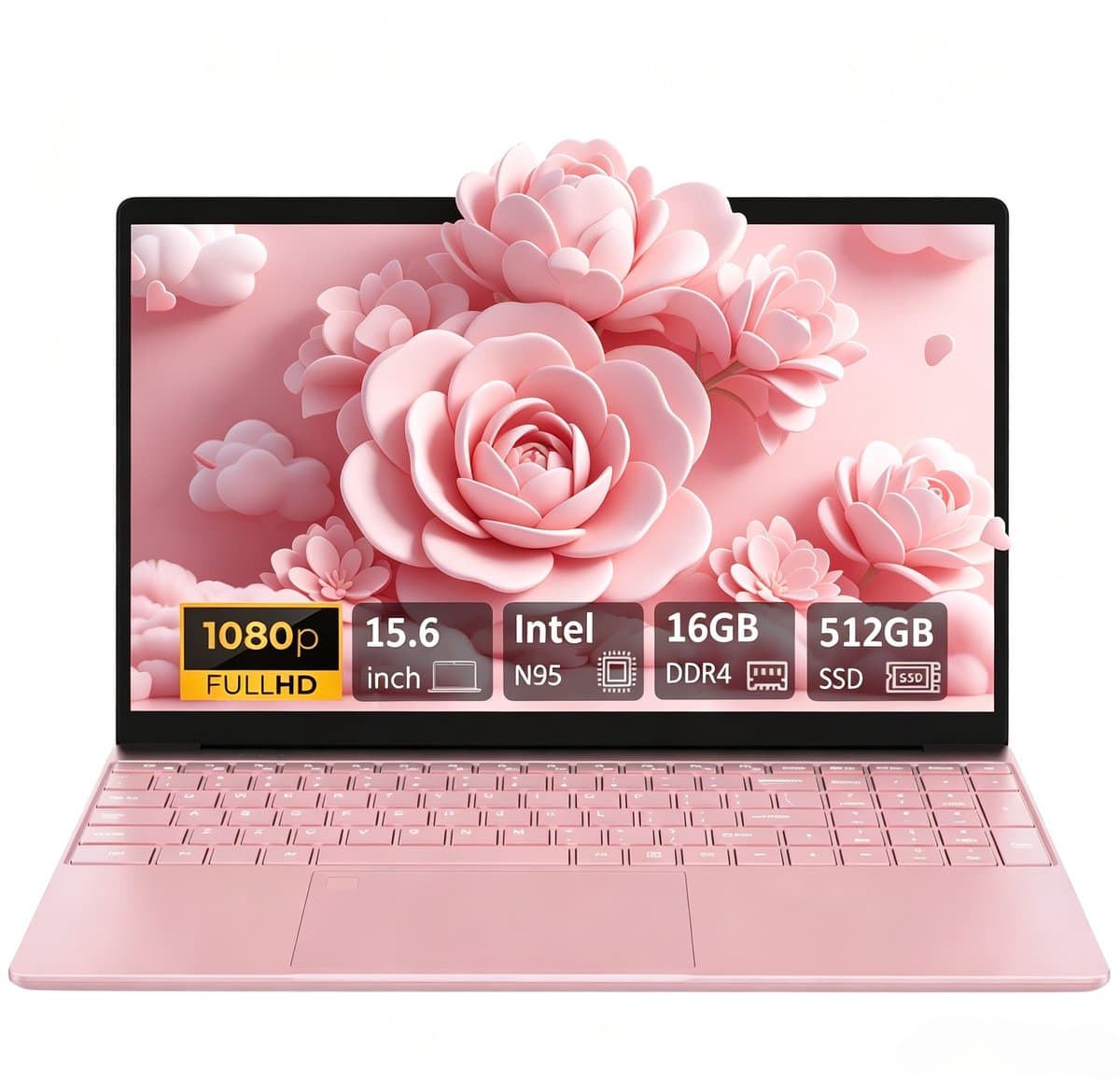 15,6 Inch Laptop T152A‑N95 - Intel Celeron N95 - 1920×1080 Full HD IPS‑scherm - 16GB DDR4‑512GB SSD - Windows 11 - Roze — afbeelding 1