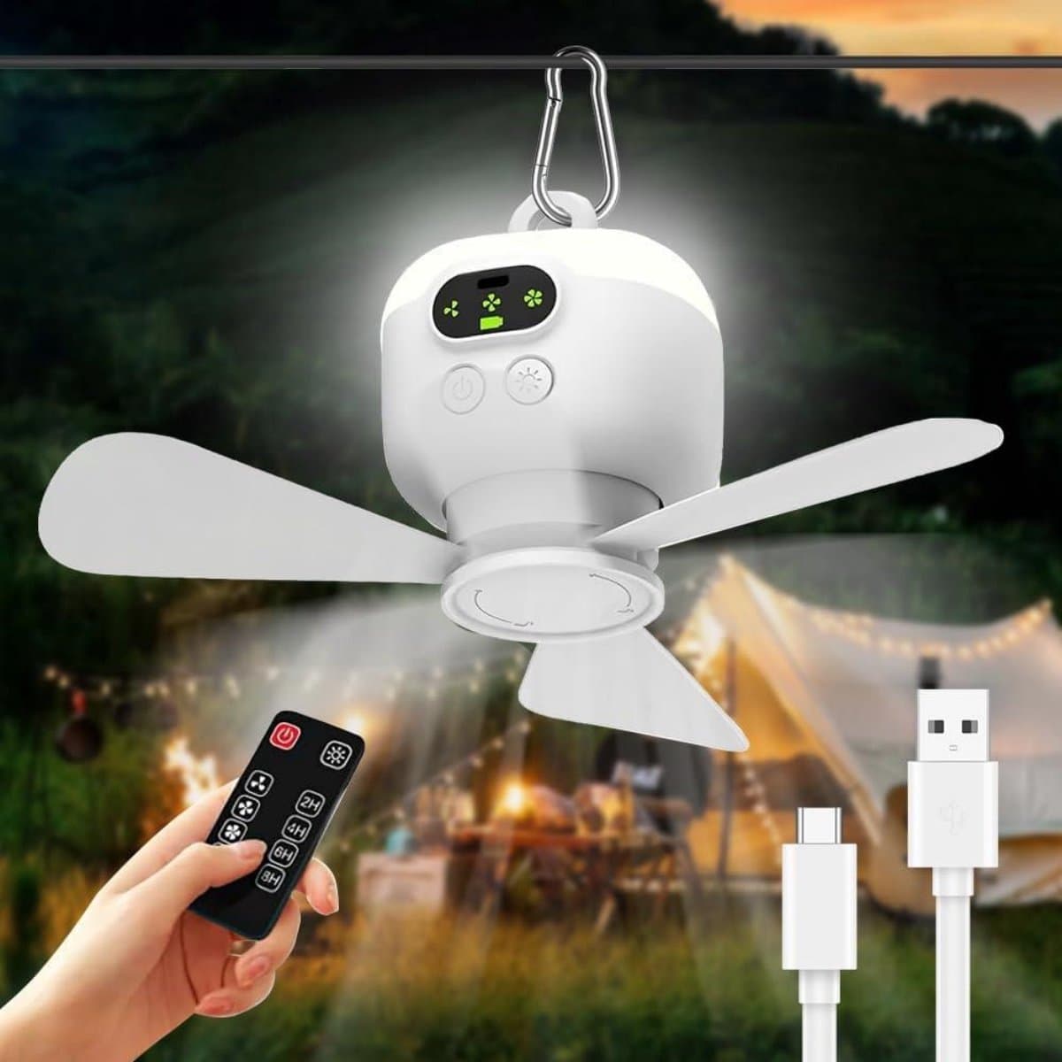 SSTRWGOOD Oplaadbare plafondventilator geschikt voor kamperen - met verlichting - USB-voeding - met timer - 8000mAh draagbare ventilator - plafondventilator geschikt voor buiten - Geschikt voor buitenruimtes, tuinhuisjes, terrassen — afbeelding 1