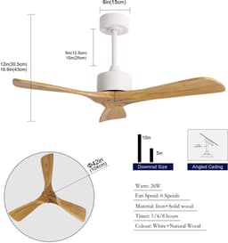 COVREO Plafondventilator 104 cm wit en naturel - hout en metaal - zonder verlichting met afstandsbediening — thumbnail 3
