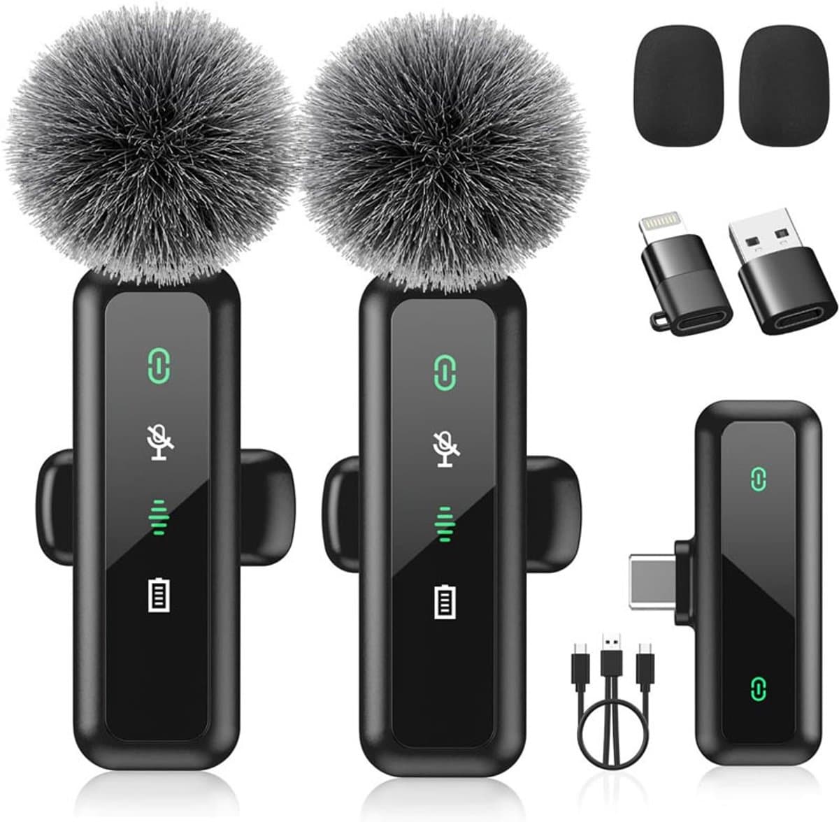 Draadloze Microfoon - 2 Stuks - USB-C & Lightning - Plug Play - Ruisonderdrukking - Windkapjes - Voor Vlogs, Interviews en Livestreams - Zwart — afbeelding 1