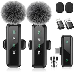 Draadloze Microfoon - 2 Stuks - USB-C & Lightning - Plug Play - Ruisonderdrukking - Windkapjes - Voor Vlogs, Interviews en Livestreams - Zwart — thumbnail 1