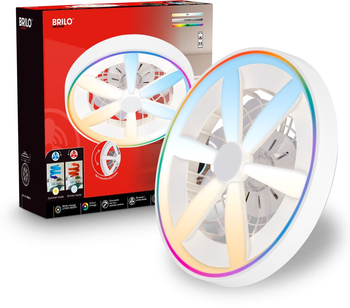 BRIlONER Air - Plafondventilator met RGB verlichting - plafondventilator dimbaar - ventilator lamp 5 snelheden - zomer- en wintermodus - RGB & CCT - Ø48cm - wit — afbeelding 1