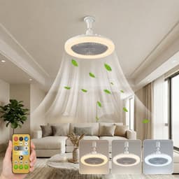 MUPOO E27 Ventilator Lamp met Afstandsbediening - 360° Draaibaar - Dimbaar - Ø 25cm -3 Kleurtemperatuur & Snelheden - Bespaar Ruimte - Voor Garage, Keuken & Berging - Grijs — thumbnail 1