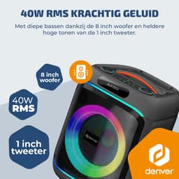 Denver Bluetooth Speaker Party box - Discolichten - Partyspeaker incl. draadloze microfoon & afstandsbediening - Luidspreker - 8" woofer - BPS270 — thumbnail 5