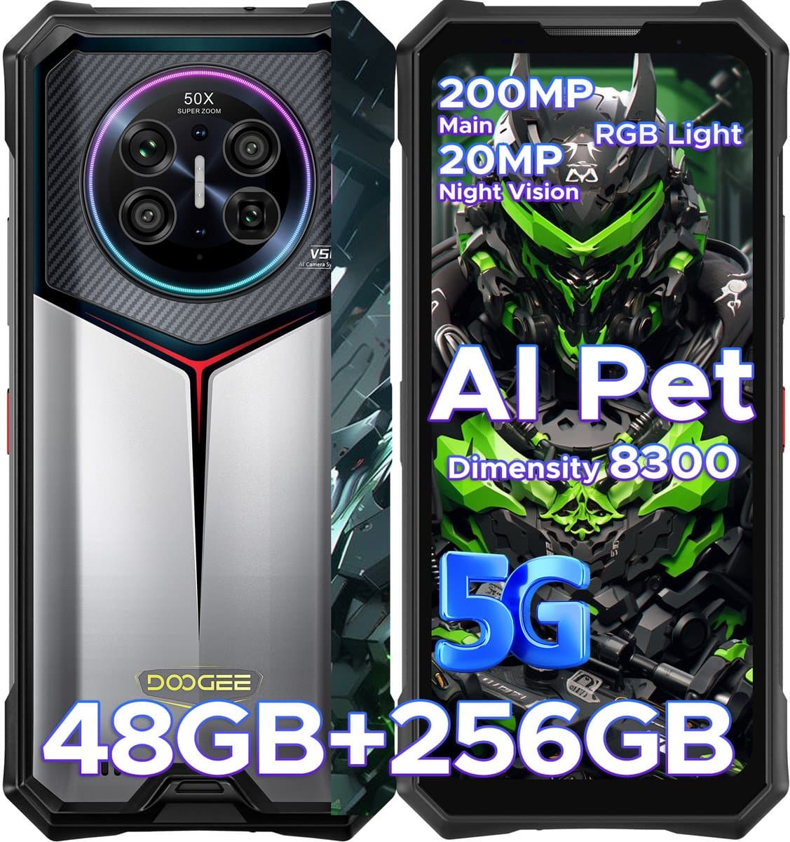 DOOGEE V50 5G - Robuuste Smartphone - 48GB RAM + 256GB ROM / 2TB TF - Android 16 - Dimensity 8300 - 11000mAh/66W - RGB sfeerlicht- 6.78 inch FHD+ &120HZ - 200MP + 32MP -NFC - Face ID - Gemini AI - WIFI6E - Vingerafdrukherkenning - GPS - Zilver — afbeelding 1