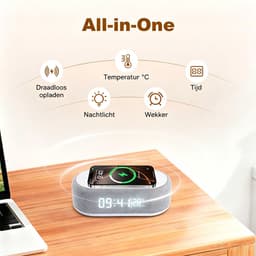 Digitale Wekker geschikt voor Slaapkamer, Volwassenen en Kinderen – Wekkerradio met 15W Draadloos Opladen en Bluetooth Speaker – Grijs — thumbnail 5