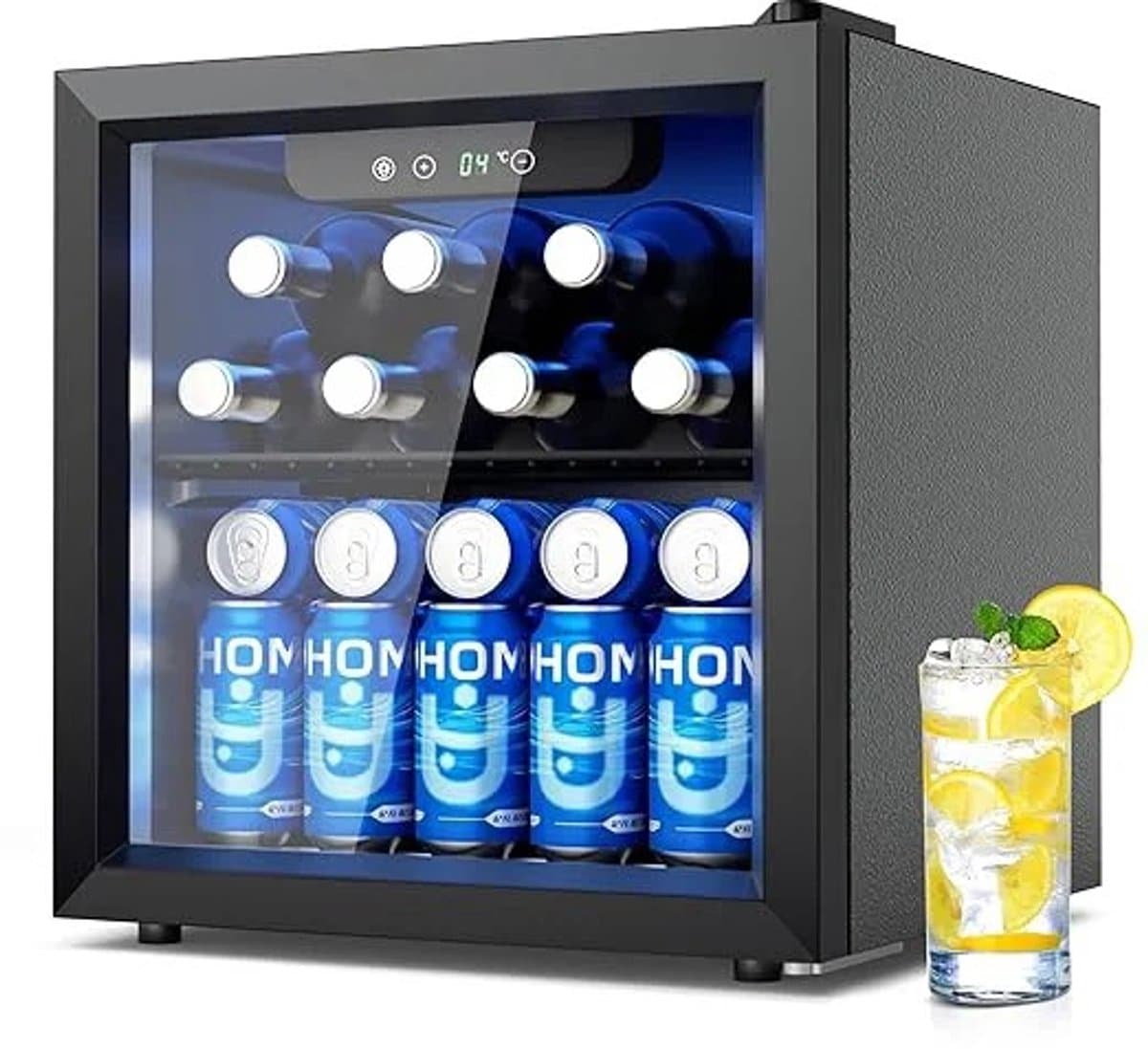 Joorly Mini Koelkast - Minibar - Drankkoelkast met glazen deur - Minibar voor 55 blikjes - met LED en temperatuurregeling - Wijn en bier koelkast - 43×41×47 cm - Zwart- RVS — afbeelding 1