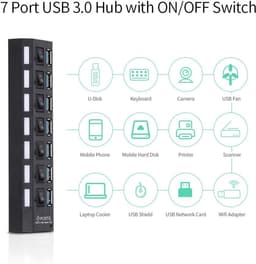 7-poorts USB HUB - USB Splitter Expander - Extra poorten creëren - Individuele AAN/UIT schakelaars - 16.5 cm - Zwart — thumbnail 3