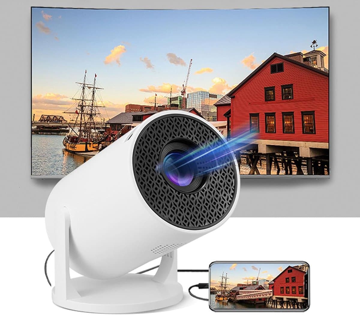 SnelShoppen - Mini Draagbare Projector 1080P Full HD, 180° Draaibare Buitenprojector voor Thuis, Klein Thuisbioscoop Projector Compatibel met Smartpho — afbeelding 1