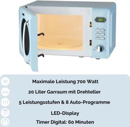 SnelShoppen - Retro Staande Magnetron 700 W met 20 Liter Ovencompartiment, 5 Vermogensniveaus, 8 Kookprogramma's, Ontdooi functie, Metaal Behuizing, D — thumbnail 4