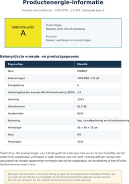 Mobiele airco 7000 BTU – 3-in-1 met appbediening, ontvochtiger en ventilator – 2,0 kW – Met afvoerslang — thumbnail 2