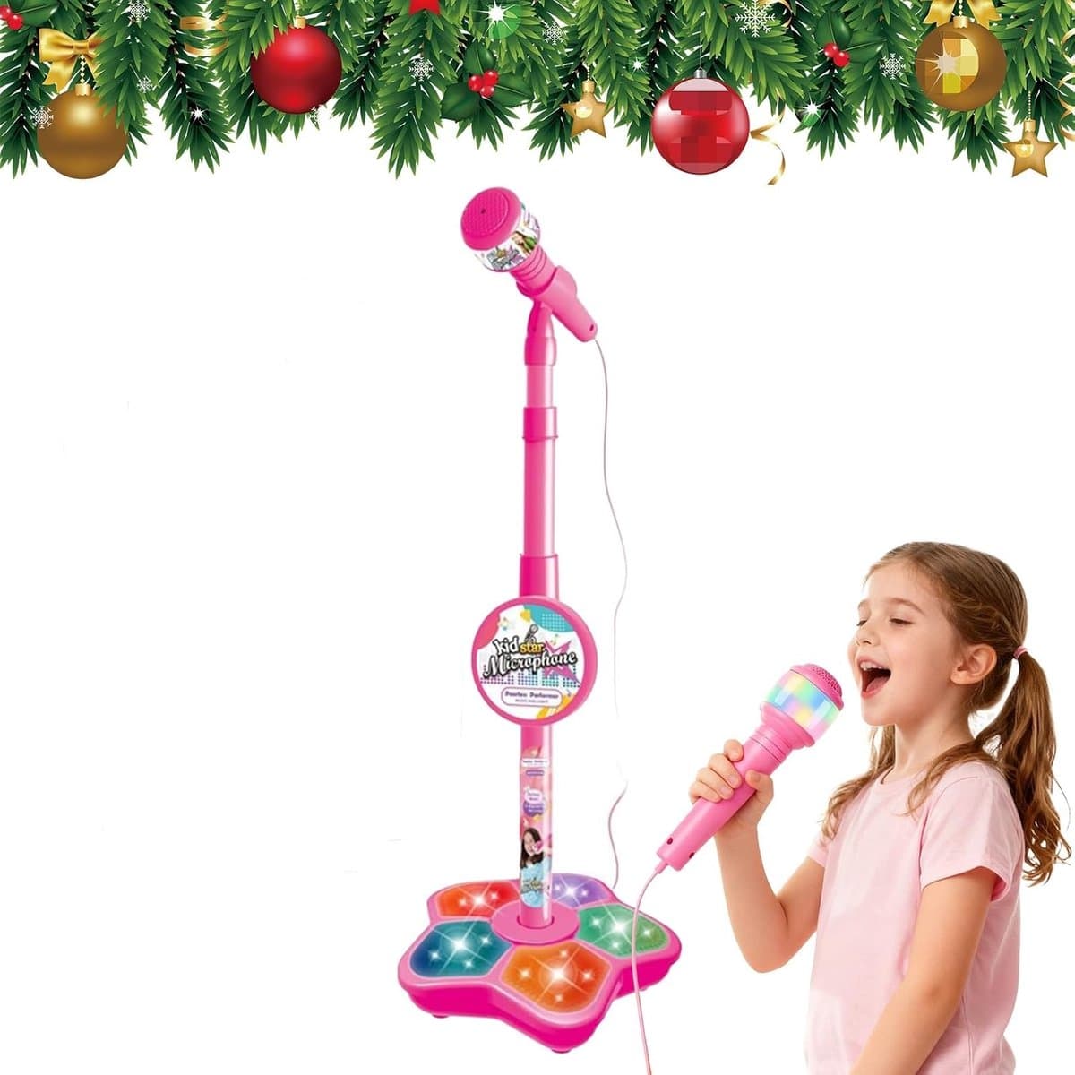 Roze Karaokemicrofoon voor kinderen met verstelbare standaard – draagbare microfoon om mee te zingen, in hoogte verstelbaar, met knipperende lichtshow in de voet – voor jongens en meisjes van 3 tot 6 jaar — afbeelding 1
