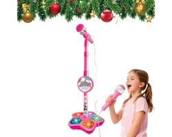 Roze Karaokemicrofoon voor kinderen met verstelbare standaard – draagbare microfoon om mee te zingen, in hoogte verstelbaar, met knipperende lichtshow in de voet – voor jongens en meisjes van 3 tot 6 jaar