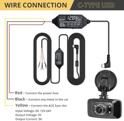 SnelShoppen - Dashcam Hardwire Kit 12V-24V USB Type-C met Voltage Scherm en 4 Instelbare Spanningsniveaus voor Auto Dashcam en GPS — thumbnail 5