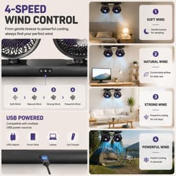 Kraftverdia® Dubbele Luchtcirculator – USB Oplaadbare Bureauventilator met 2 Ventilatorkoppen – Tafel-, Hang- en Wandventilator – 3 Snelheden – LED Verlichting – Type-C – Grijs — thumbnail 3