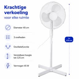 Krachtige Staande Ventilator – 40 cm – 3 Snelheden – Oscillatiefunctie – Verstelbare Hoogte tot 125 cm – 45 W – Wit — thumbnail 1