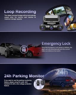 4-Kanaals Dashcam Auto 5G WiFi,360°Draaibare Voorkant Achterkant Binnenkant Links Rechts Dashcam,Radar Bewegingsdetectie,GPS,Nachtzicht,Parkeercontrole,1080P 3“ met 128GB kaart,Hardwire Kit — thumbnail 4