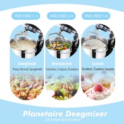 SnelShoppen - Keukenmachine 6,2 L Staande Mixer 1400W - Deegmixer met Planetaire Mengtechniek, Menghaak, Deeghaak, Garde - Zwart, Perfect voor Keuken, — thumbnail 4