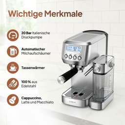Espressomachine - Koffiezetapparaat Pistonmachine - Thuis Barista Koffie - Automatische Melkopschuimer - 33D x 352B x 205H cm - RVS — thumbnail 5