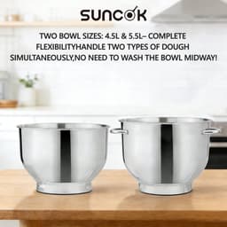SUNCOK Keukenmixer, krachtige motor van 1500 W, met twee roestvrijstalen mengkommen (4,5 l en 5,5 l), multifunctionele deeghaak, geschikt voor bakken en kneden van deeg. — thumbnail 2