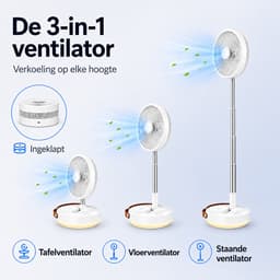3-1 Pro Ventilator Staand - Tafelventilator - Vloerventilator USB-C - 8 Standen - Afstandsbediening - Draadloos en Geluidloos Fluisterstil - Fans - Staande Mini Ventilator - Kleine Statiefventilator - Aircooler - Mobiele Airco - Wit - Silvergear — thumbnail 2