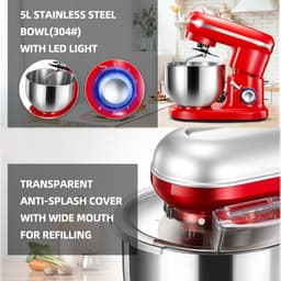 Staande mixer - Keukenmachine - Bakken en koken - 1000W motor 6 snelheden - 5L kom - Zilver — thumbnail 4