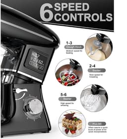 Keukenmachine 1500W - Standmixer 6,5L met LED Display - 6 Snelheden - RVS Mengkom - Wite — thumbnail 3