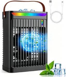Luchtkoeler - Draagbare airconditioner - Met handvat Persoonlijke Koeler - Watertank van 680 ml - Met 5 ventilatorsnelheden en 2 nevelstanden en 7 kleuren Sfeerverlichting - Met 2/4/6 uur timer - Voor slaapkamer en kantoor - Zwart — thumbnail 1
