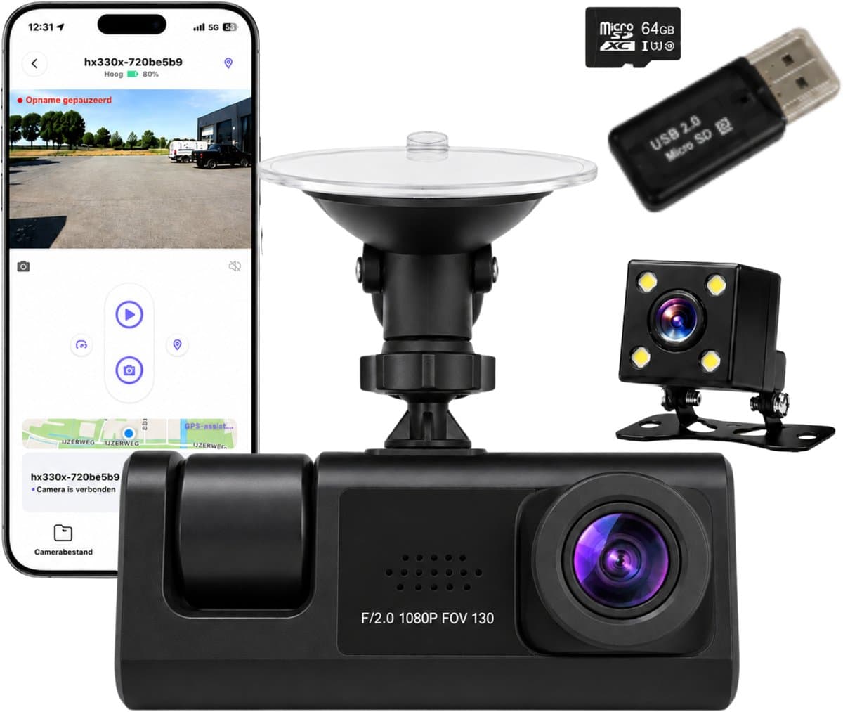 Kiraal Dashcam Compleet - Voor Auto - Voor en Achtercamera - Wifi - Nachtzicht en G-sensor - Inclusief 64GB SD-kaart en Kaartlezer - Super Full HD - Met App - Nederlandse handleiding — afbeelding 1