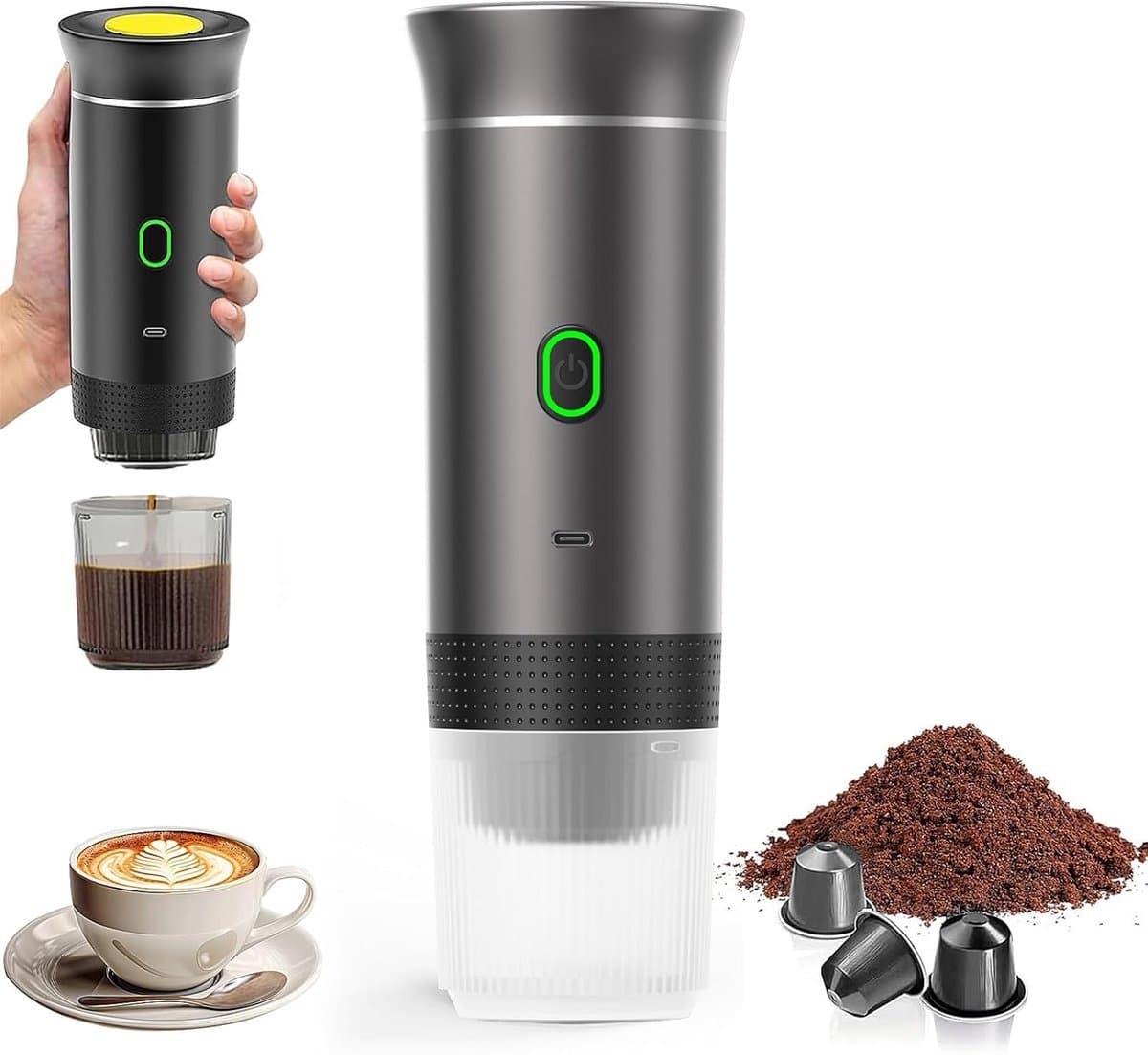 Beyahl - Draagbare Elektrische Espressomachine 3-in-1 - Zelfverwarmend Reis Koffiezetapparaat - Compatibel met Nespresso Capsules, Andere Capsules en Gemalen Koffie - USB Oplaadbaar - Grijs — afbeelding 1
