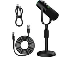 Fokelyi Streaming Microfoon Met RGB Verlichting - Condensatiemicrofoon Met Uitschuifbare Standaard - Galm Effect -Desktop Microfoon - XLR/USB-C - Noise Cancelling - Zwart