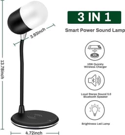 PriFri - 3 in 1 draadloze oplader, Bluetooth luidspreker, LED lamp, Zwart — thumbnail 3