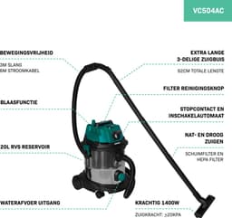 VONROC Nat- en droogzuiger / Stofzuiger - 1400W – Inschakelautomaat - Blaasfunctie – 20L RVS tank – 3m slang - 6m stroomkabel — thumbnail 4