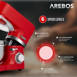 AREBOS Keukenmachine - 1500W - Keukenrobot - 5,5L&4,5L - Keukenmixer - Foodprocessor - Roestvrij Stalen Mengkom - 6 Snelheden - Rood — thumbnail 5