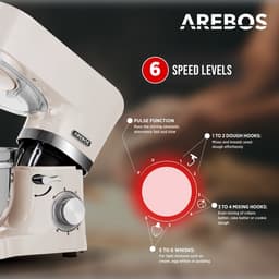 AREBOS Keukenmachine - 1500W - Keukenrobot - 5,5L&4,5L - Keukenmixer - Foodprocessor - Roestvrij Stalen Mengkom - 6 Snelheden - Crème — thumbnail 4