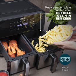Princess Double Basket Airfryer 182074 - Dubbele Airfryer - 9 liter - 2 manden - XL - 8 programma's- 2400W - Dubbele heteluchtfriteuse - PFAS vrij - Touchscreen - RVS/Zwart - Sync functie — thumbnail 6
