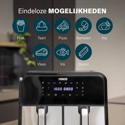 Princess Double Basket Airfryer 182074 - Dubbele Airfryer - 9 liter - 2 manden - XL - 8 programma's- 2400W - Dubbele heteluchtfriteuse - PFAS vrij - Touchscreen - RVS/Zwart - Sync functie — thumbnail 3