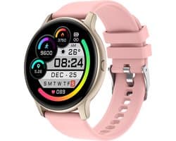 Belesy® SUAVE - Smartwatch Heren – Smartwatch Dames - Horloge – Stappenteller – Calorieën - Hartslag – Sporten - Je eigen foto als wijzerplaat - Kleurenscherm - Full Touch - Bluetooth Bellen – Goud – Silicone – Roze - Moederdag
