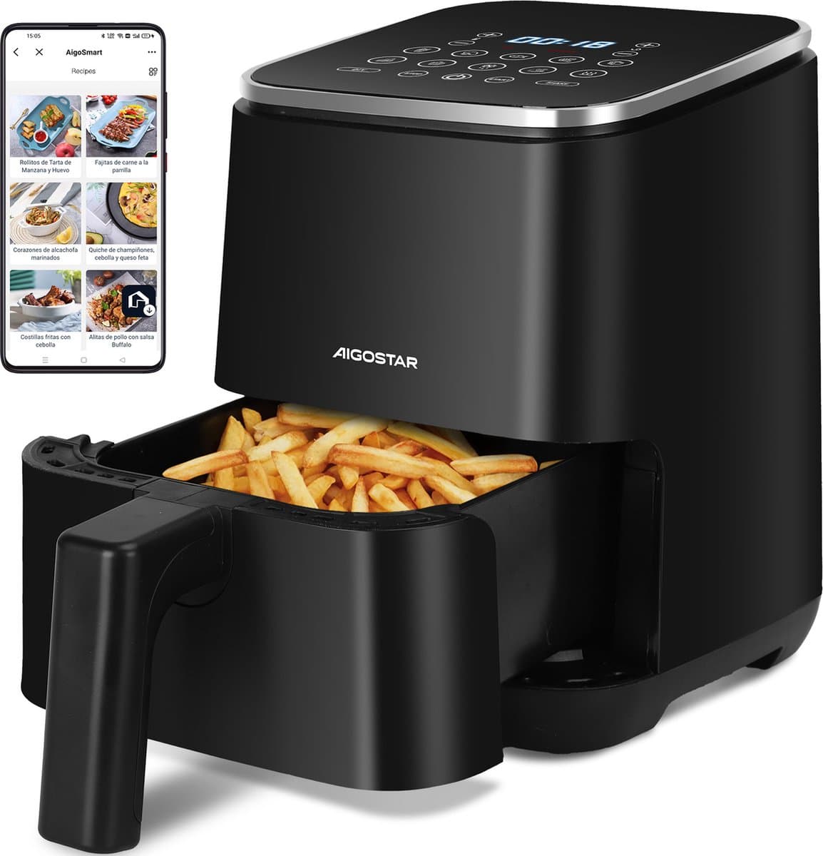 Aigostar Dot - Airfryer - Heteluchtfriteuse - Digital Touchscreen - 2 Liter - Geschikt voor 1-2 personen - 8 snelkeuze programma's - Compact - 1200W -Zwart — afbeelding 1
