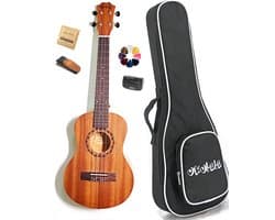 WK Ukelele Tenor 26 inch Professionele Ukulele - Massief Natuur sapele Hout – Hoogwaardige Leerukulele met Gesloten Stemmechaniek, Toets & Gebogen Achterkant -Inclusief accessoires- Professionele studie-met tas-Ukelele Gitaar