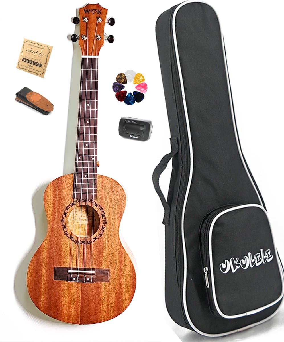 WK Ukelele Tenor 26 inch Professionele Ukulele - Massief Natuur sapele Hout – Hoogwaardige Leerukulele met Gesloten Stemmechaniek, Toets & Gebogen Achterkant -Inclusief accessoires- Professionele studie-met tas-Ukelele Gitaar — afbeelding 1